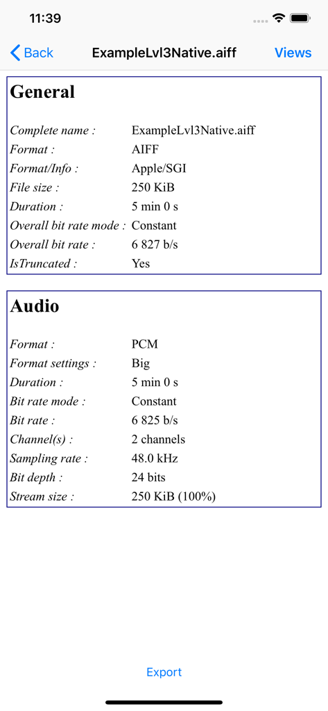 MediaInfo - Análise técnica de um arquivo de áudio AIFF mostrando detalhes de formato e taxa de bits no MediaInfo