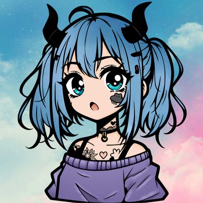 a cute teenage anime girl with a tattoo and horns