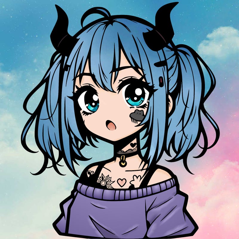 a cute teenage anime girl with a tattoo and horns