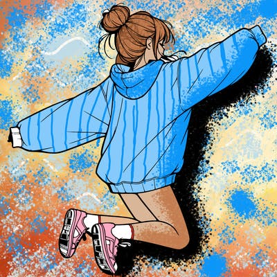 realistic girl jumping with a bun and oversized sweatshirt