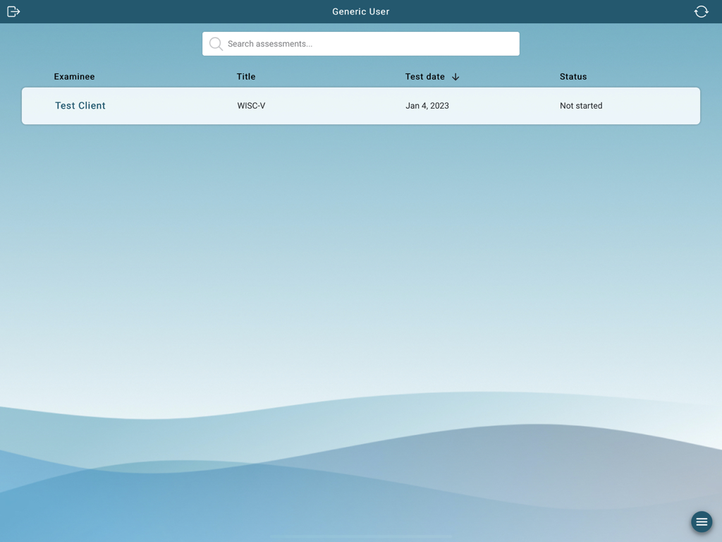 Q interactive Assess - Digital clinical assessment dashboard in Q-interactive Assess showing an examinee list with a scheduled WISC-V test
