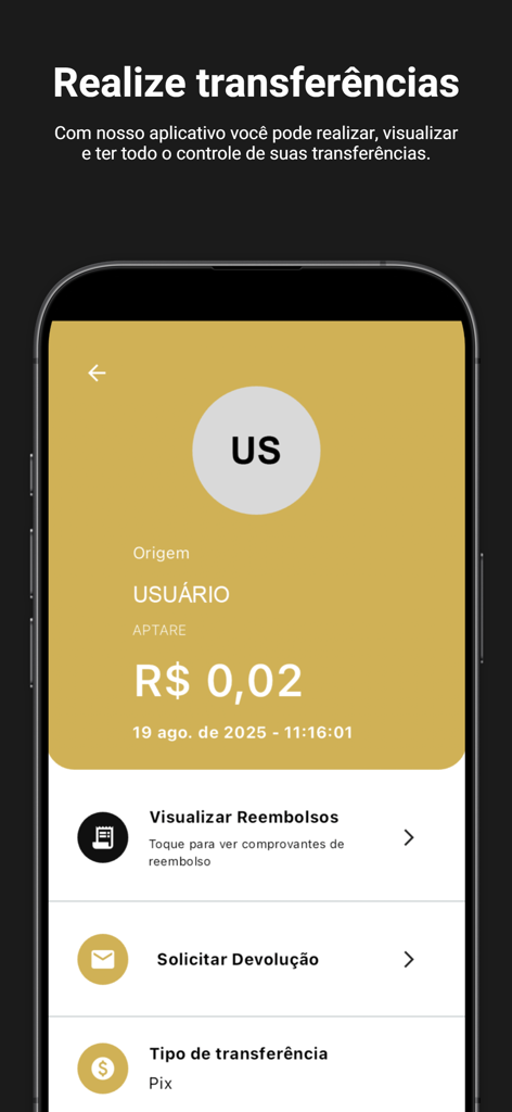 Jangada: Conta PJ Digital - Interface do aplicativo móvel da Jangada mostrando um resumo de transferência com opções para visualizar reembolsos e solicitar devoluções para uma conta empresarial brasileira.
