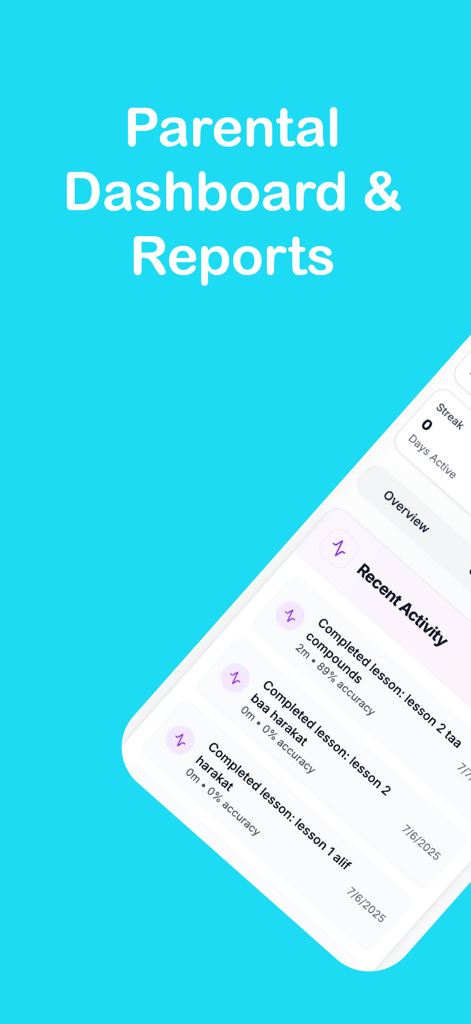 NOOR – Teaches Quran for Kids - Visualização do painel e relatórios para pais no aplicativo Noor Quran for Kids mostrando atividades recentes e acompanhamento de progresso.