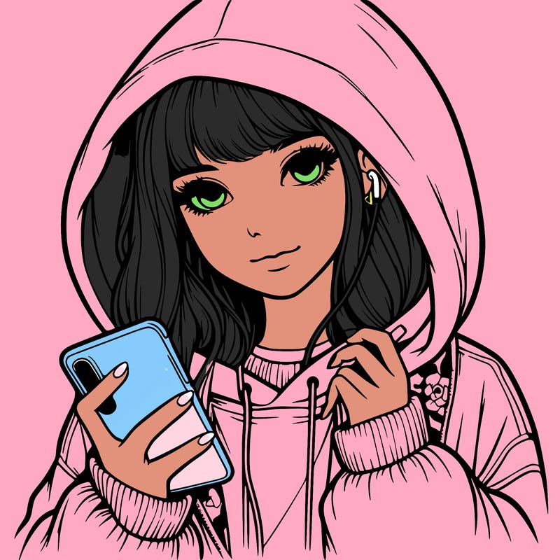 realistic girl with oversized hood and holding a phone
