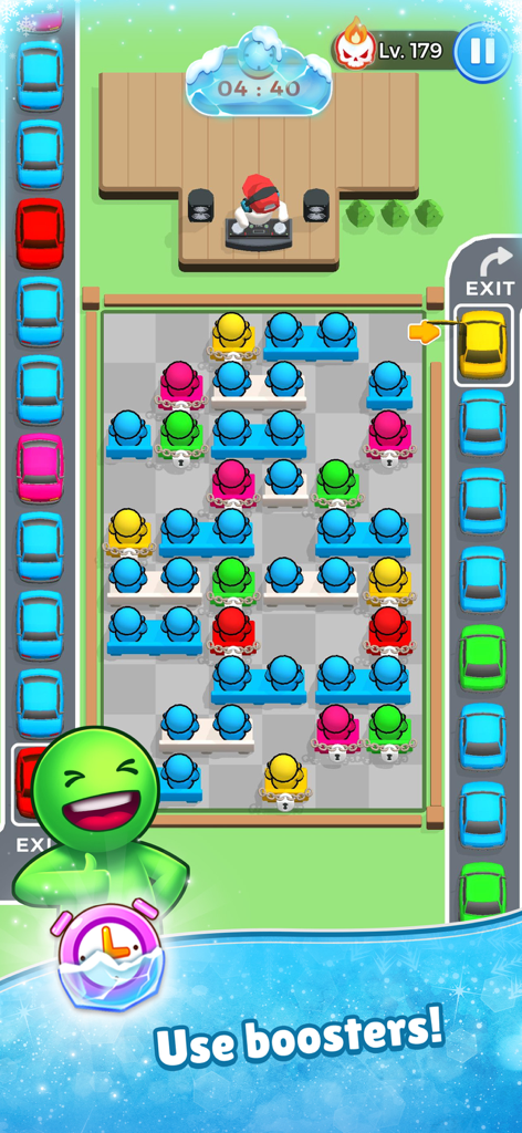 Seat Escape - Seat Escape gameplay screenshot showing a colorful seating puzzle with a booster feature prompt