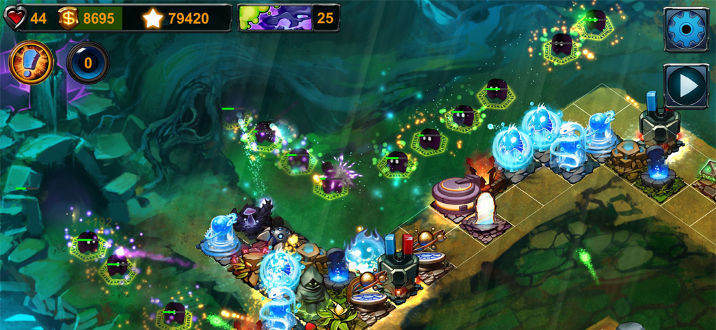 Strategic gameplay screenshot of Element TD showing elemental towers defending against enemy waves