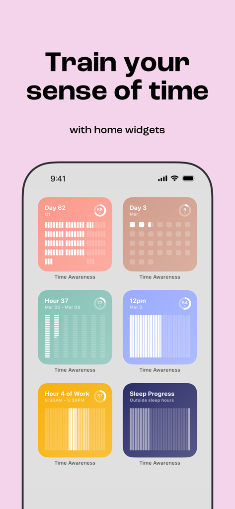 Awareness - Time Visualization - A smartphone screen showcasing various colorful home screen widgets from the Awareness app for tracking time and progress.