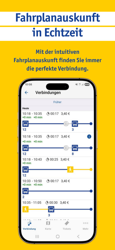 PaderSprinter Mobil - PaderSprinter Mobil app showing real-time bus and walking route options for Paderborn