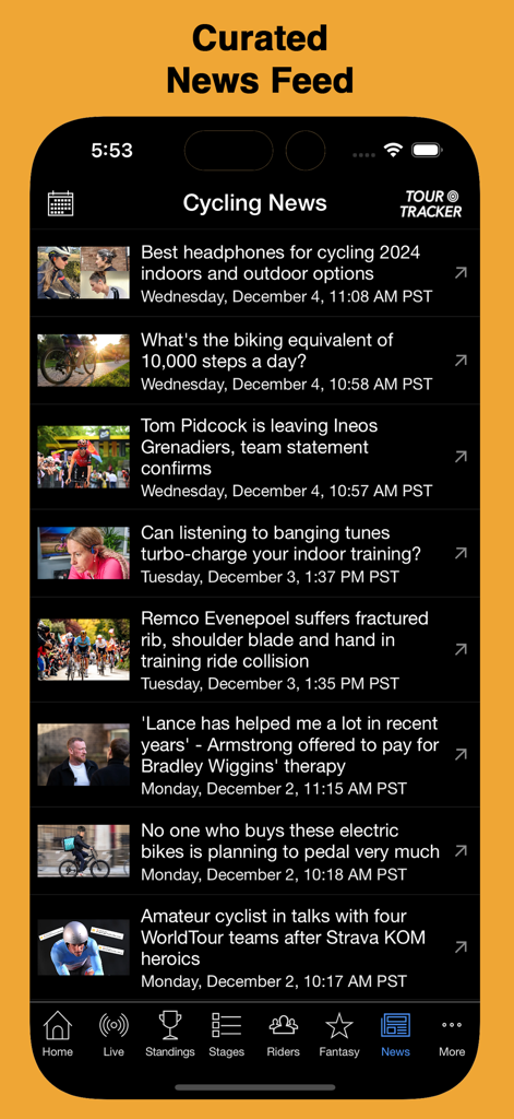 Tour Tracker Pro Cycling - A curated list of cycling news articles and updates within the Tour Tracker Pro app.