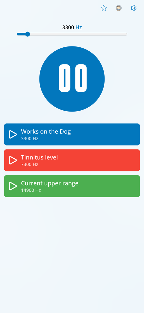 Interface of the Tinnitus Frequency App showing a frequency slider and saved color-coded sound presets