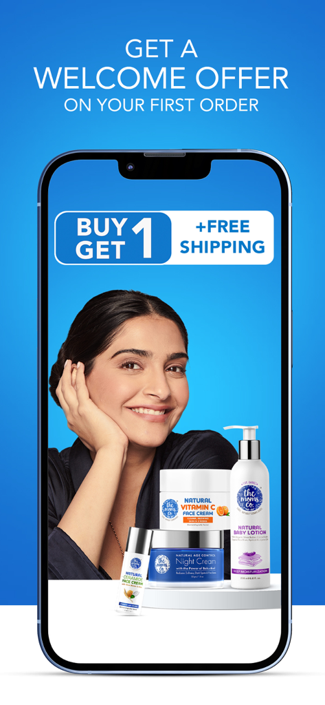 The Moms Co. - Skin Care Shop - Schermata dell'app The Moms Co. che mostra un'offerta di benvenuto Acquista 1 Ottieni 1 con spedizione gratuita su prodotti per la cura della pelle naturali