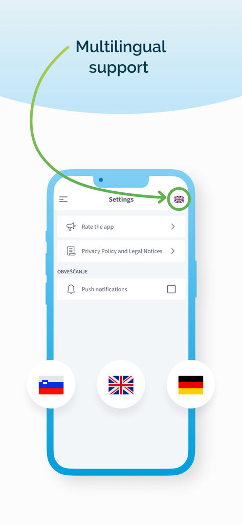 Prehrana - Pantalla de configuración de la aplicación Prehrana que muestra opciones de soporte multilingüe para idiomas esloveno, inglés y alemán.