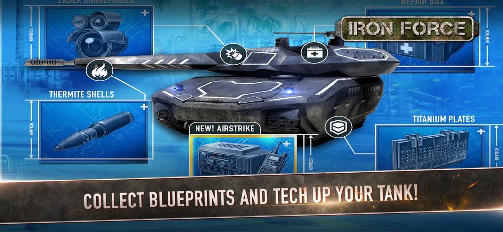 Iron Force game interface showing tank customization and tech upgrade options like thermite shells and airstrikes
