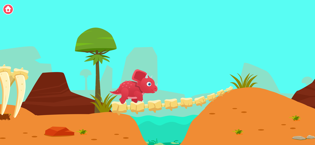 Un trricératops rouge traversant un pont d'os dans un paysage désertique du jeu Dinosaur Park.