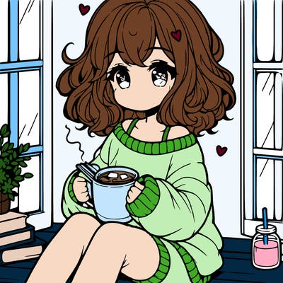 cute anime girl reading book and drinking hot chocolate from mug with loose wavy hair wearing a baggy sweatshirt and shorts sitting by windowsill looking out
