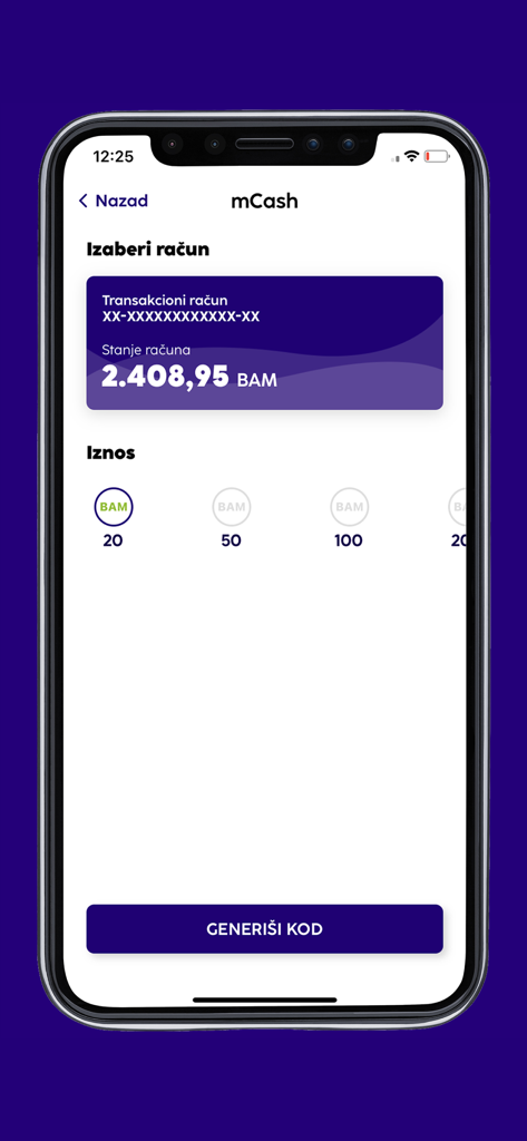 Mobile app screen of NLB mKlik showing the mCash feature for generating a cash withdrawal code with account balance and amount selection
