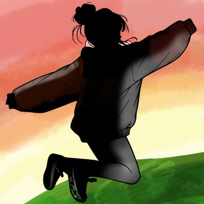 realistic girl jumping with a bun and oversized sweatshirt