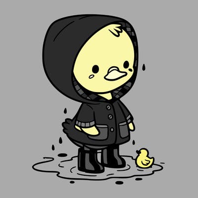 baby duck in a rain coat and boots, in a puddle while it’s raining