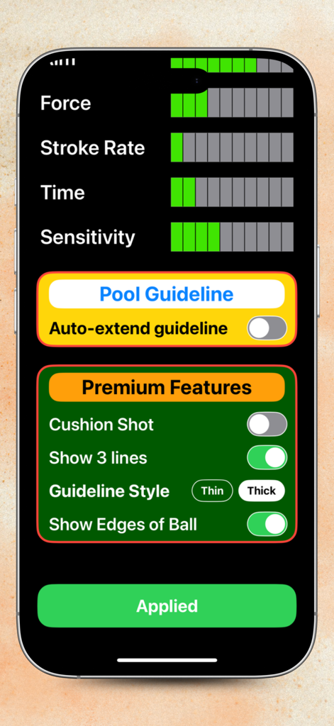 Cheto 8 ball pool - Interface of the Cheto 8 Ball Pool app showing adjustable sensitivity bars and premium guideline features for game improvement