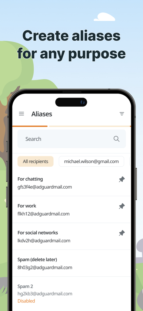 AdGuard Mail & Temp Mail - AdGuard Mail app interface showing a list of custom email aliases for work and social networks