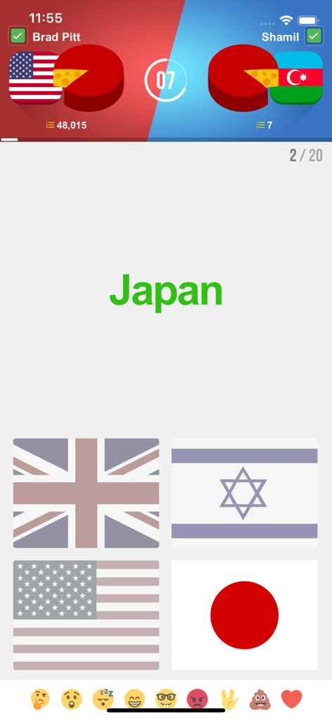 Multiplayer geography trivia game screen showing a country name and four flag options