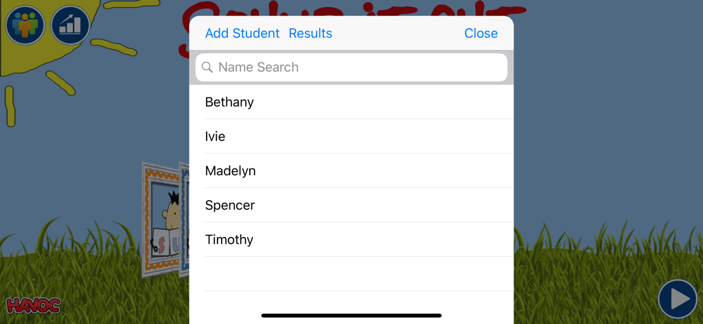 Sound It Out - A menu in the Sound It Out app showing a list of student profiles with a search bar and options to add a student or view results.