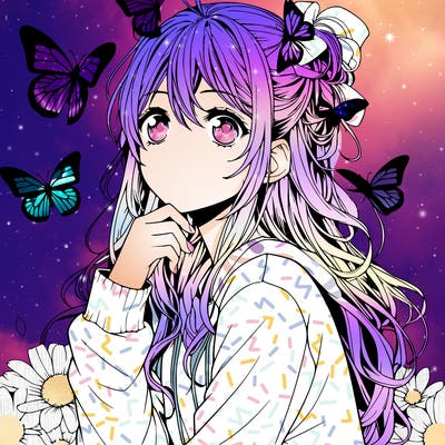 realistic manga girl with butterflies