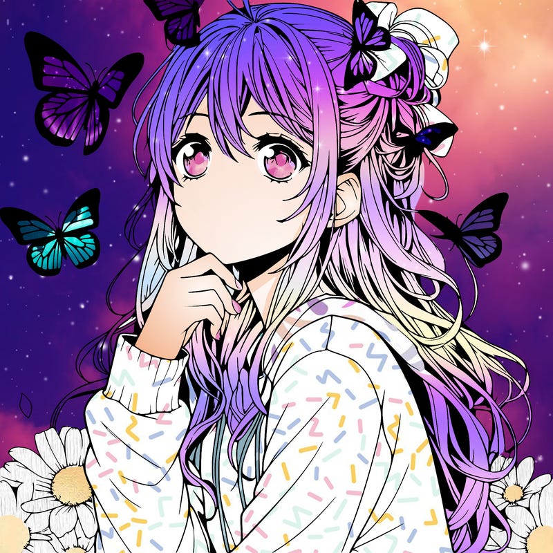 realistic manga girl with butterflies