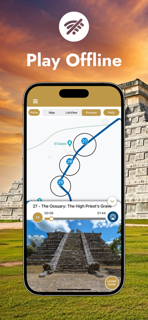 Chichen Itza: GPS Audio Guide - Smartphone showing the Chichen Itza audio guide app with an offline map and GPS tour of Mayan ruins
