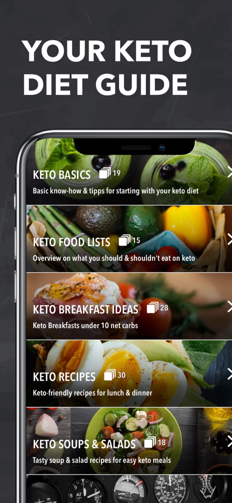 Smartphone screen showing keto diet app categories like basics food lists and breakfast recipes