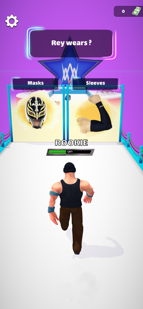 Wrestling Trivia Run! - A wrestling runner game character approaching a trivia choice between masks and sleeves for a Rey Mysterio question