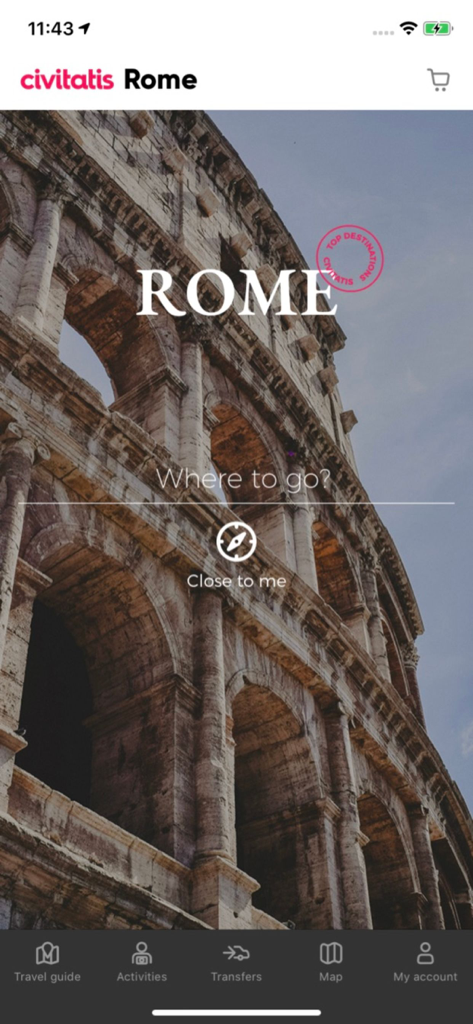 Rome Guide by Civitatis.com - Pantalla de inicio de la aplicación de guía de viajes de Roma con fondo del Coliseo y menú de navegación