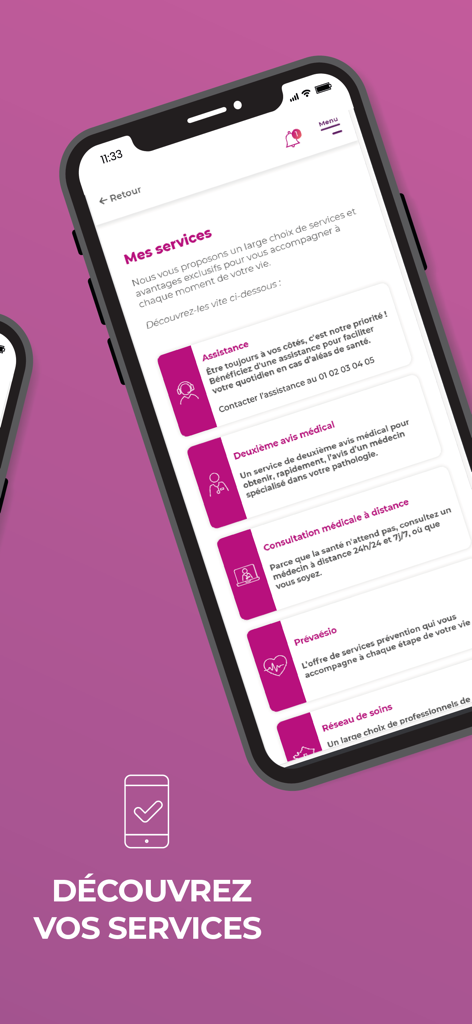 AÉSIO mutuelle - Interface of the AESIO mutuelle app showing a list of health services including remote consultation and assistance