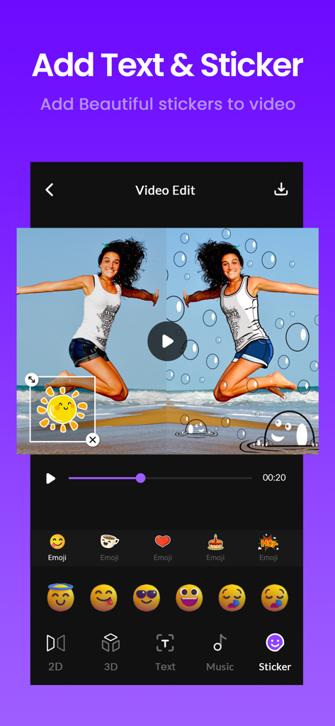 Mirror video editor - Interfaz de aplicación móvil que muestra cómo añadir pegatinas y emojis divertidos a un vídeo de playa.