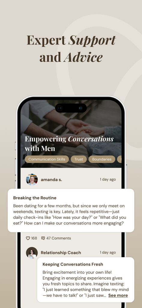 Affemity: Relationship Coach - Screenshot dell'app Affemity che mostra un forum della community in cui un coach relazionale fornisce consigli sulle capacità di comunicazione e sui confini.