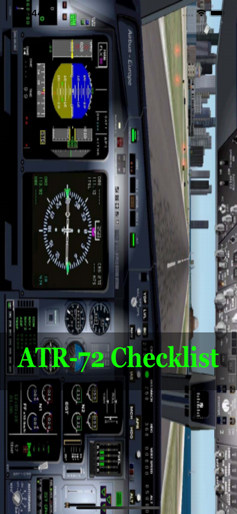 ATR 72 Simulator Checklist - Visão digital do cockpit de um simulador de voo ATR 72 com o título do aplicativo Lista de Verificação ATR-72 sobreposto