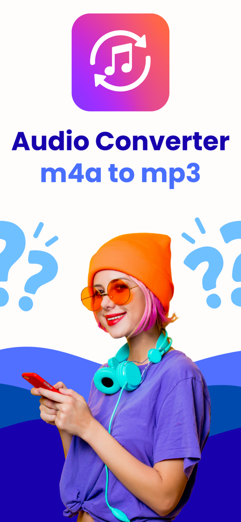 Audio Converter app splash screen for converting m4a to mp3 featuring a young woman with headphones.