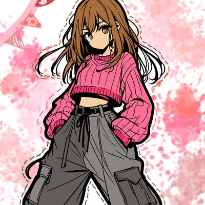 anime teen girl with baggy pants and crop top with sweater
