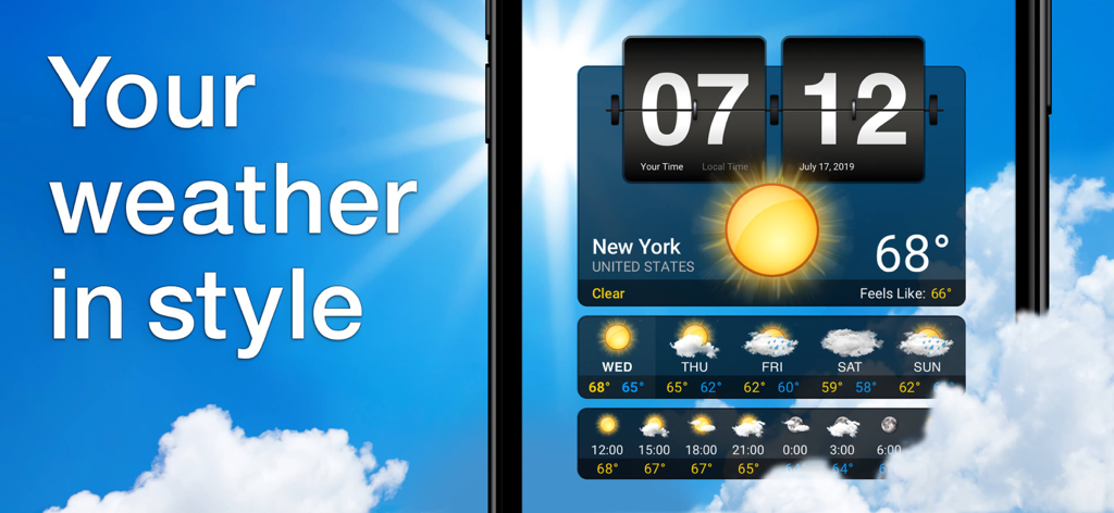 Pantalla de la aplicación Weather plus con reloj flip animado y pronóstico meteorológico local para Nueva York con cielo soleado