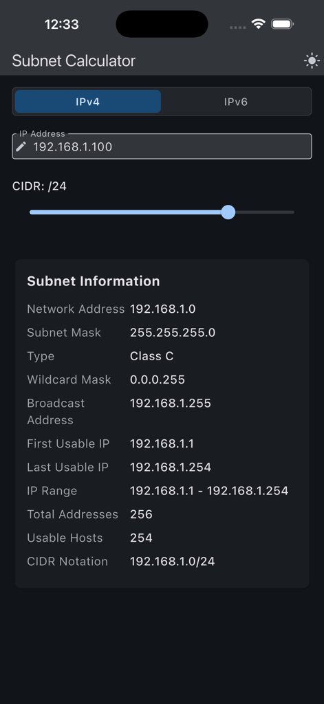 Uma interface móvel do aplicativo Calculadora de Sub-rede mostrando informações detalhadas de rede para um endereço IPv4