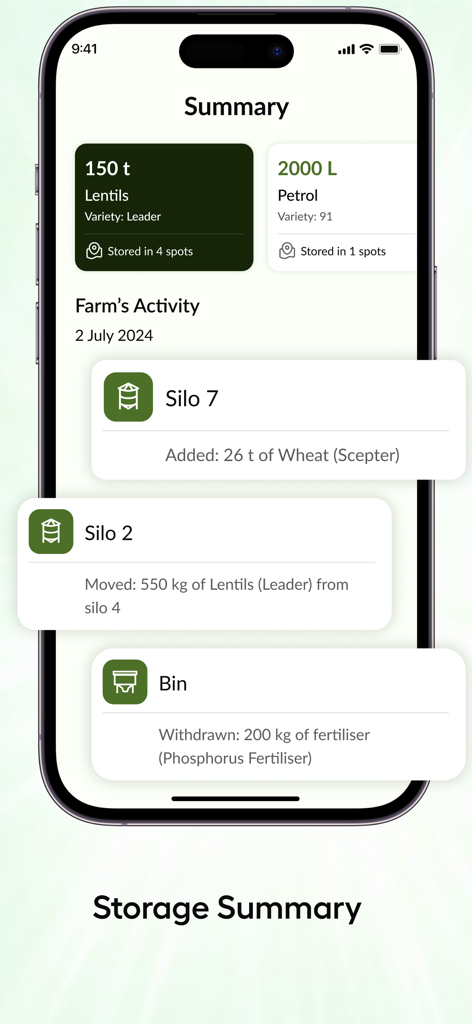 FarmTrak - FarmTrak app storage summary screen showing grain inventory and farm activity logs