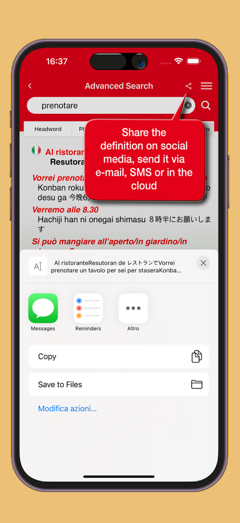 Das Teilen-Menü für eine japanische Übersetzung in der Hoepli-Wörterbuch-App