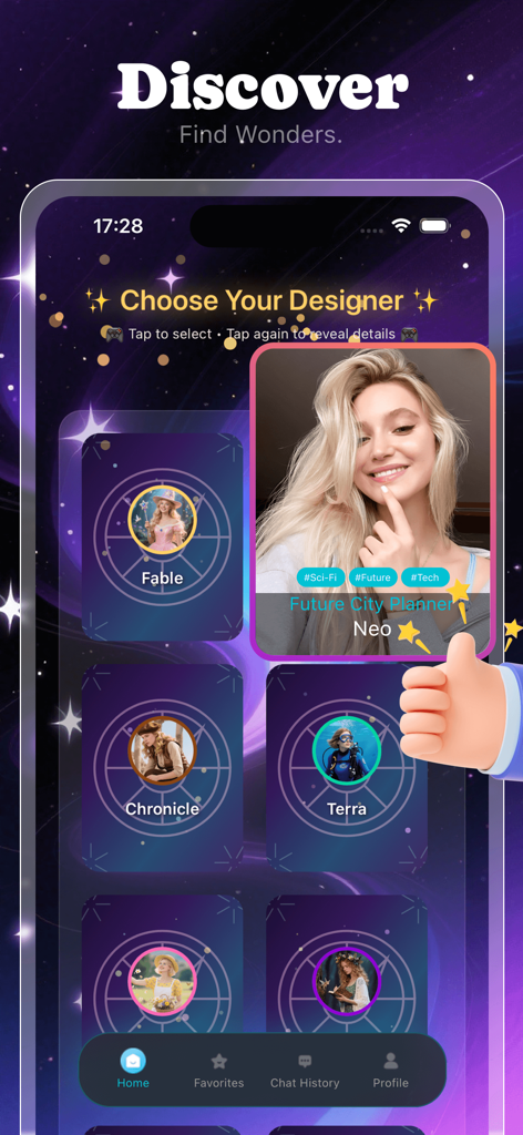 Hoggi - Hoggi app interface showing a list of AI attraction designers including Neo for Future City Planning and Fable for fantasy themes.