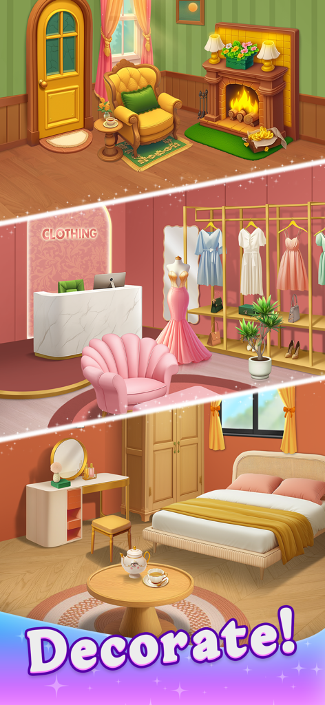 Three panels showing a decorated living room with a fireplace, a stylish clothing boutique, and a modern bedroom.