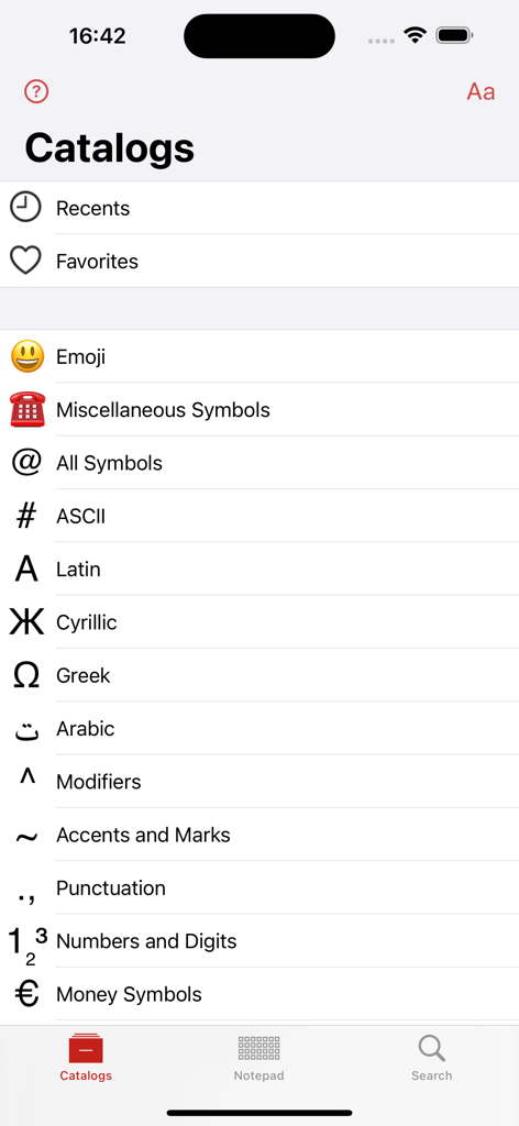 Unicode Pad Pro with keyboards - Unicode Pad Pro app interface showing character catalogs for Emoji Latin Cyrillic and other symbols
