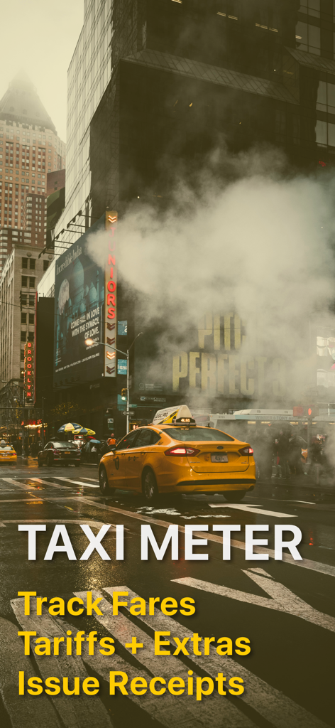 A yellow taxi on a city street with promotional text for Taxi Meter app features like fare tracking and receipt issuance