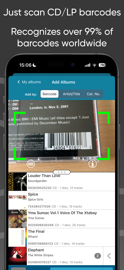 CLZ Music CD / Vinyl database - Scanning a CD barcode using the CLZ Music mobile app to add it to a collection.