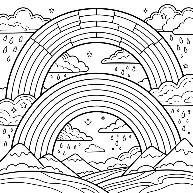 Dive into the serene beauty of a double rainbow with this captivating coloring template. Explore the nuanced arcs of secondary rainbows, surrounded by gentle rain and clouds, offering a uniquely calming creative escape.