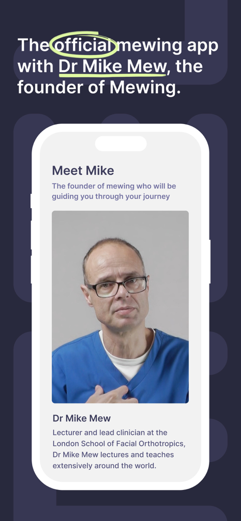 Dr Mike Mew, fundador do mewing, na tela de introdução do aplicativo oficial