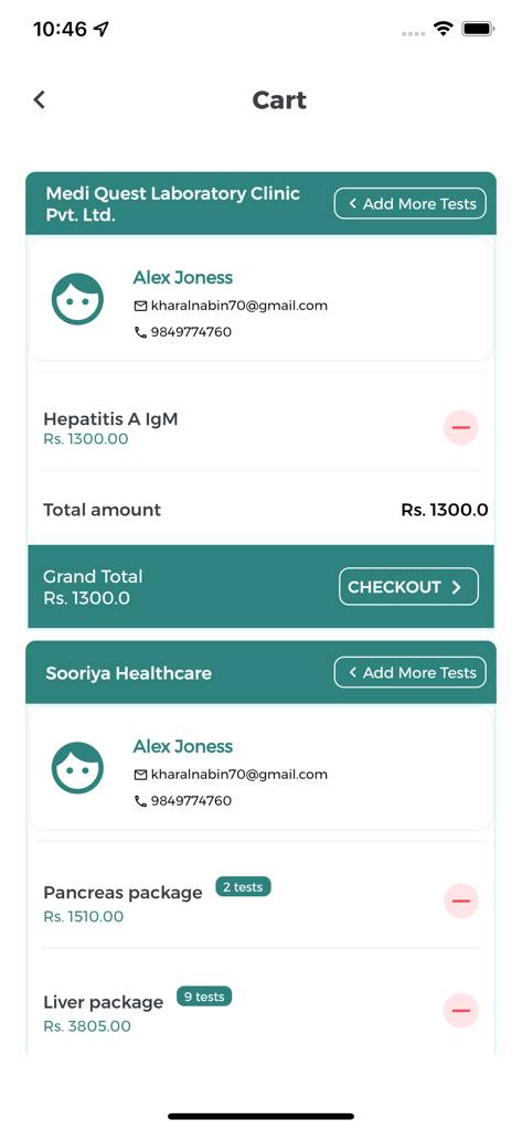 Shopping cart screen in Cura Health app showing medical test packages and checkout options